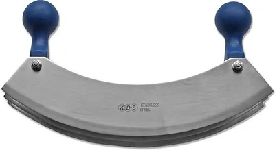 A stainless steel mezzaluna chopper with blue handles against a white background.