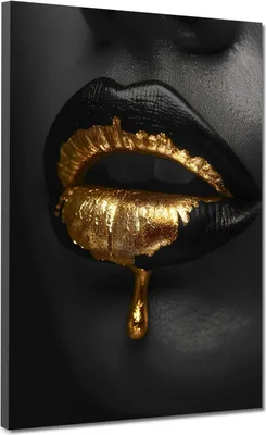 Produktbild von Schwarze Lippen mit goldenen Akzenten Leinwandbild Wandbild XL Wanddeko: 60x80x4cm