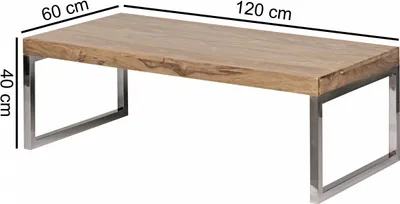 Image de FineBuy Table basse en bois massif d'acacia 120x60x40 cm - Table de salon rectangulaire avec piètement à patins chromés - Fait main design industriel