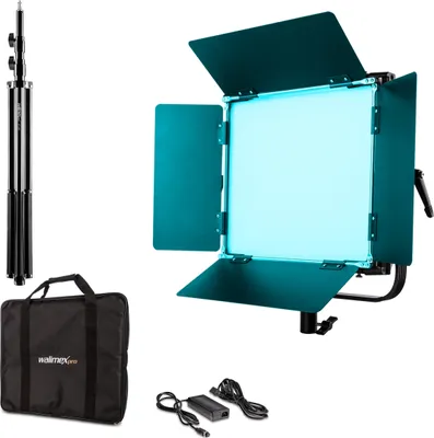 Produktbild von Walimex pro LED Rainbow Flächenleuchte mit Lampenstativ, RGBWW Flächenlicht 100 W, Bi-Color Videoleuchte, Studioleuchte per App steuerbar, Studio-Beleuchtung mit Effektgenerator