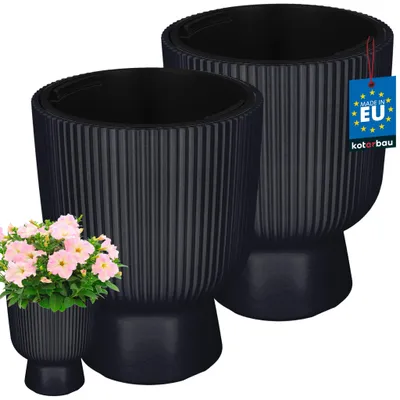 Produktbild von KOTARBAU® 2er Set Blumentopf ⌀ 23cm Orchideentopf Übertopf mit Innentopf Pflanzentopf mit Sockel Geriffelt Kelchform Pflanzkübel aus Kunststoff Anthrazit