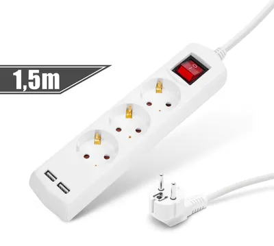 Produktbild von 3-fach Steckdosenleiste – mit 2x USB (2,1 A) und Schalter – Kindersicherung – 1,5 m – 250 V - 16 A – Weiß [20221U]