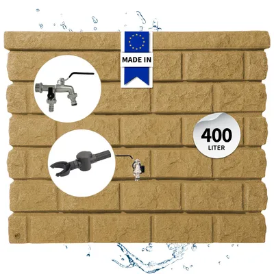 Produktbild von GARANTIA ROCKY Regentonne Wandtank Komplett-Set 400 Liter sandstone inkl. Chrom-Doppelauslaufhahn und Fallrohranschluss