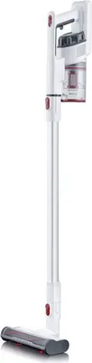 A white cordless stick vacuum cleaner against a white background.