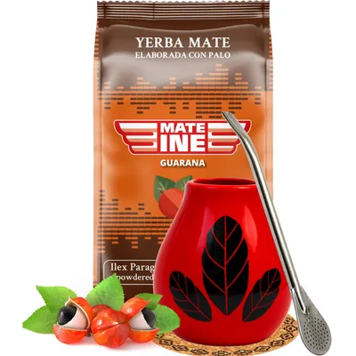 Produktbild von MATEINE Yerba Mate-Tee Set - Yerba Mate Mateine Guarana 500g, Keramik mater becher Hoja Red 350ml, Bombilla 19cm - Paraguayische yerba mate loose leaf