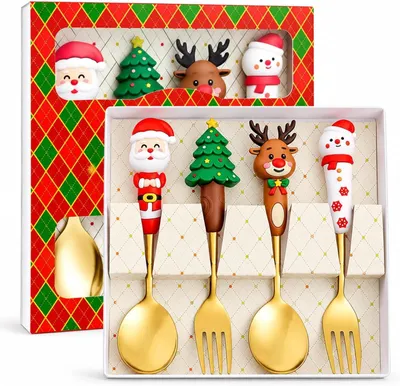 Produktbild von 4 Stück Weihnachtsgeschirr Set, Besteck Weihnachten, Löffel Gabel