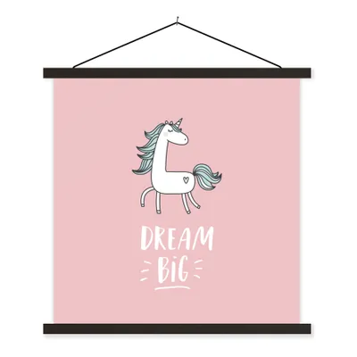 Produktbild von MuchoWow® Textilposter Einhorn - Kinder - Zitate - Große Träume - Mädchen - Rosa 40x40 cm mit schwarzem Rahmen - Fotos