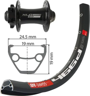 A collage showing a bicycle hub, a cross-section of a bicycle rim with dimensions, and a portion of a bicycle rim.