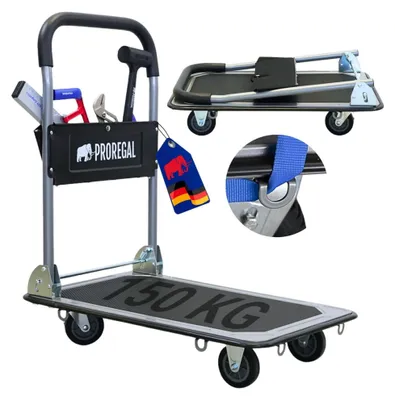 Produktbild von Klappbarer Profi-Transportwagen RHINO 150 mit Werkzeugtasche & 6 Sicherungsösen | Traglast 150kg | Vollgummibereifung | 2x 360° Lenkrollen & 2x Bockrollen mit Feststellbremse | Plattformwagen Transporthilfe Handwagen