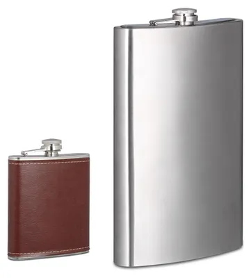 Produktbild von 2x Flachmann Edelstahl, Riesen Flachmann mit 1,8 l Fassungsvolumen, Taschenflasche 200 ml mit Kunstlederhülle, silber