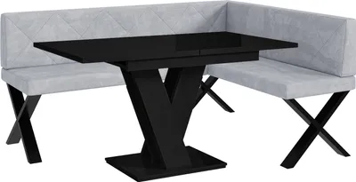 Produktbild von MEBLINI Eckbank für Esszimmer mit ausziehbarem Tisch  - Küchenbank - Essecke - Sitzecke Küche - ERIC - X-Beine 128x168x87cm Rechts - Hellgrau Samt/M Schwarz Hochgl.
