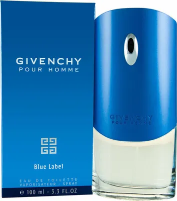 A product shot of a Givenchy Blue Label Pour Homme Eau de Toilette spray bottle and its packaging.
