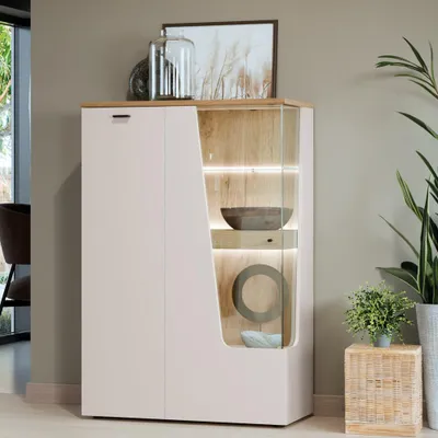 Produktbild von Wohnzimmer Highboard mit 95 cm Breite in Beige und Eiche, 2 Türen mit Vitrinenfach rechts - CARMONA-129