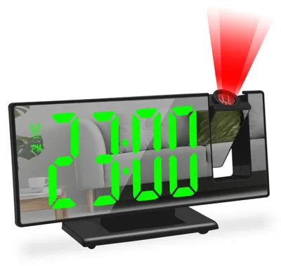 Produktbild von 1 Stück digitaler Wecker mit Projektion, aus hochwertigem Kunststoff, mit großem spiegelndem LED-Display, 180° verstellbarem Projektor und einstellbarer Helligkeit. Ideal als digitaler Wecker fürs Schlafzimmer – besonders geeignet für Tiefschläfer. Der Wecker bietet 12-/24-Stunden-Anzeige, USB-Ladeanschluss, Schlummerfunktion mit individuell einstellbarer Wiederholungszeit, Speicherfunktion (kein -Einstellen nach Stromausfall) und automatischen Nachtmodus (18:00–5:59 Uhr). Die Projektion erfolgt nur nach hi