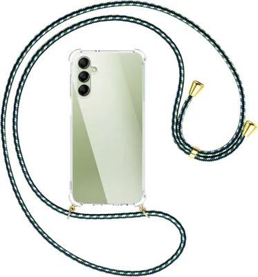 Produktbild von Handykette Backcover-Schutzhülle mit Band (Metall goldfarben) für Samsung Galaxy A14 4G (SM-A145) - grün/blau/weiß