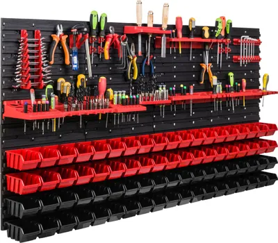 Obrázek produktu pro Skladovací systém Dílenské regály | 156 x 78 cm | 76 ks. Box | Nástěnný regál s držáky na nářadí a stohovatelnými boxy - Nástěnné desky Extra silné regály s přihrádkami Nástěnná deska s otvory pro nářadí Skladovací regál Garážový regál