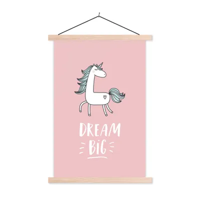 Produktbild von MuchoWow® Textilposter Einhorn - Kinder - Zitate - Große Träume - Mädchen - Rosa 120x180 cm mit holzfarbenen Rahmen - Textil-Plakat