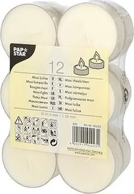 Produktbild von Papstar Maxi Lichte Ø 57,5 mm · 26 mm weiß · Brenndauer ca. 8 h, in Polycarbonathülle, 12 x 12 Stück