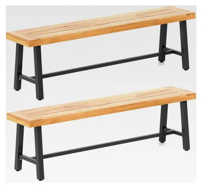Produktbild von Wetterfeste Gartenbank, 2er Set, 3-Sitzer ohne Rückenlehne, Parkbank aus Akazienholz und Metall, belastbar bis 360 kg, Balkonbank für Garten und Balkon, 160 x 32 x 45 cm