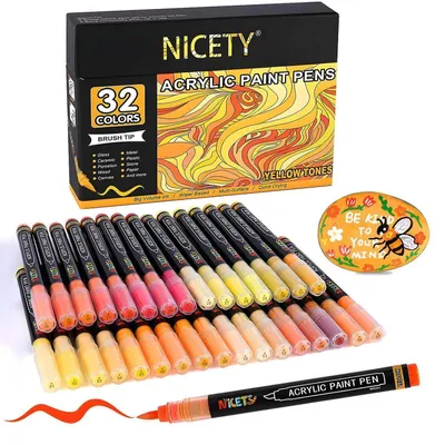 Image de Stylos à peinture acrylique pour pierres, résistants à l'eau, pointe pinceau de 1 à 5 mm, lot de 32, couleur jaune