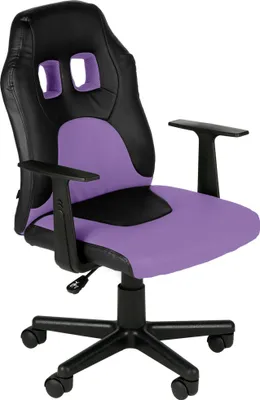 A black and purple gaming chair is shown from a three-quarter angle against a white background.