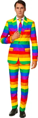 A man wearing a rainbow-striped suit.