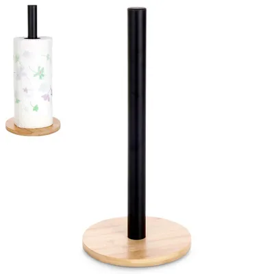 A paper towel holder with a roll of paper towels on it, shown against a white background.