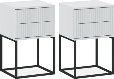 Two identical white nightstands with black metal frames are shown against a white background.