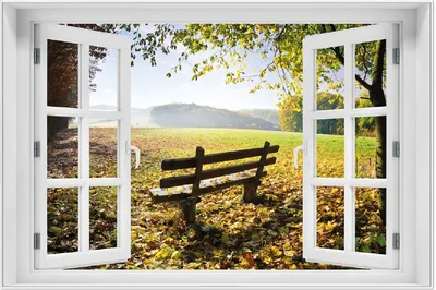 Produktbild von Wallario Wandbild mit Fenster-Illusion: Idyllische Holzbank in den Bergen, Größe: 61 x 91,5 cm, Poster mit weißem Aluminiumrahmen