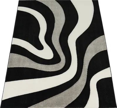 Image de Tapis design avec découpe des contours Motif ondulé Noir Gris Blanc Dimensions 200 x 290 cm
