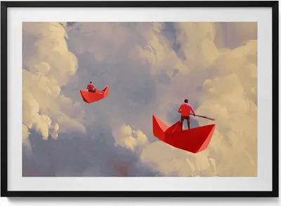 Produktbild von Papierbootfahrt– Wandbild mit Rahmen – Gerahmtes Bild  – Wanddekoration – 100x70 cm –  Schwarz Rahmen
