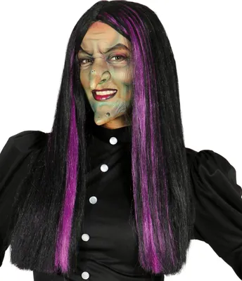 Produktbild von Schwarze Hexenperücke mit lila Strähnen - Halloween Perücke