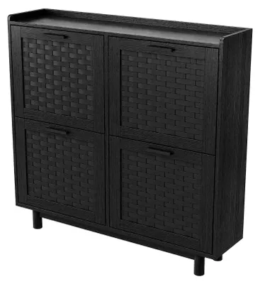Image de Armoire à chaussures en rotin - Étagère à chaussures étroite avec 4 compartiments rabattables - 100x24x95 cm - Pour 12 à 16 paires de chaussures - Noir
