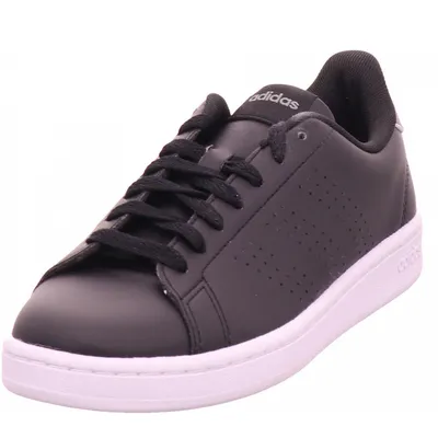 A black Adidas Advantage sneaker with a white sole, shown from a slightly elevated side angle against a white background.