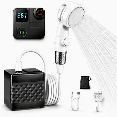 Produktbild von Tragbare Campingdusche,7500mAh,LED-Anzeige, Wasserdurchfluss 15L/h, Camping Dusche mit Drei Wasserauslassmodi,Gartendusche mit 2 m Schlauch,Schwarz