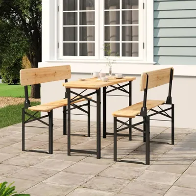 Produktbild von 3-teiliges, klappbares Biertisch-Set aus massivem Tannenholz, 115,5 x 46 x 75 cm, mit stabilem Metallgestell für Garten, Camping, Picknick und Feiern im Freien