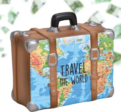 Produktbild von Große Spardose Reise-Koffer braun 13 cm Urlaubskasse mit Schlüssel