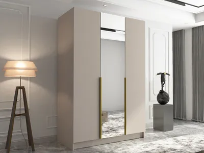 A modern wardrobe with mirrored doors and gold handles, placed in a well-lit room with a floor lamp and decorative statue.