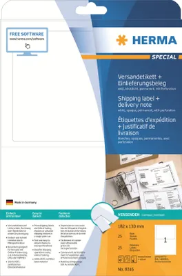 Immagine prodotto di Etichetta di spedizione+bollettino di consegna A4 bianco 182x130 mm carta opaca 25 pz.