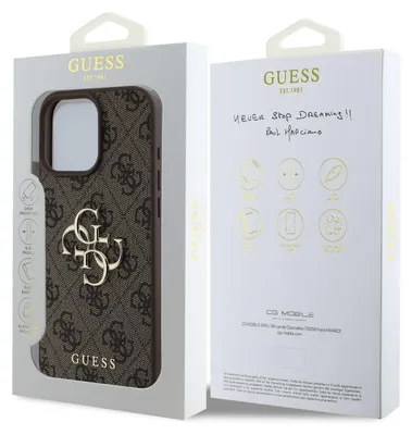 The image shows the packaging of a Guess iPhone case, with the case itself visible inside the front packaging.