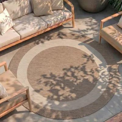 Produktbild von Volero - Outdoor Teppich Rund - Sierra Border Beige Creme - Ø 140 cm - Wohnzimmer, Esszimmer, Garten, Terrasse, Wintergarten - Boho, Modern