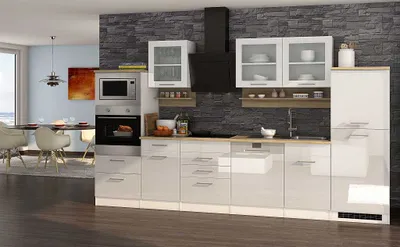 Produktbild von Küchenblock Mailand 340 cm weiß hochglanz mit Geschirrspüler Glaskeramik Kochfeld Backofen Mikrowelle Kühlschrank Haube