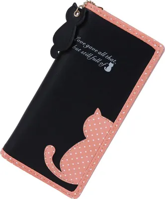 Produktbild von Geldbörse Damen Portemonnaie Lang Portmonee mit Reißverschluss und Druckknopf Schicke Handtasche Geldbeutel Katze Geldtasche Groß für Frauen und Mädchen (Schwarz)