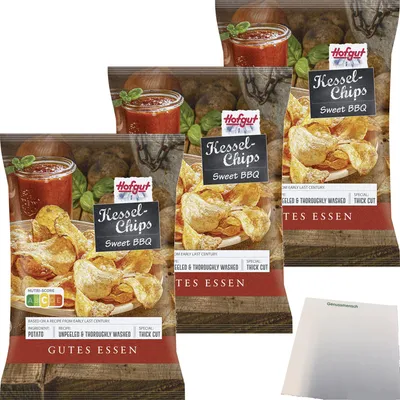 Produktbild von Hofgut Kessel Chips Sweet BBQ 3er Pack (3x150g Beutel) + usy Block