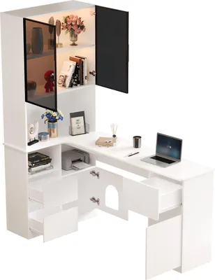 Produktbild von MODFU Eckschreibtisch mit Vitrinenschrank und LED-Bücherregal, 3-Schubladen-Beistellschrank, modernes Design, Weiß