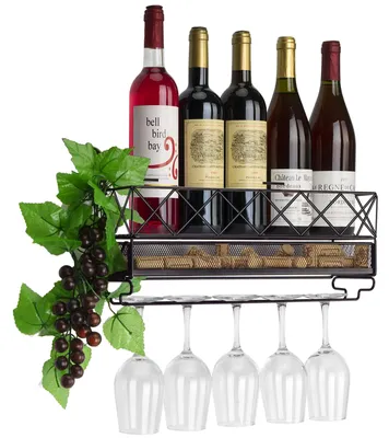 Wand-Weinregal mit Gläserhalter, Metall, 5 Flaschen, bronzefarben