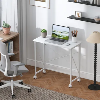 Produktbild von Sweiko Schreibtisch mit Rollen Faltbarer Bürotisch mit Stahlgestell für Arbeitszimmer Schlafzimmer 80 x 40 x 75 cm Weiß