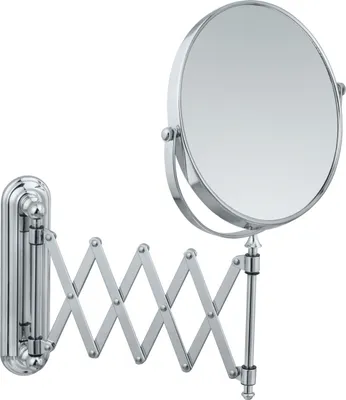 A chrome-plated wall-mounted magnifying mirror with an extendable arm.