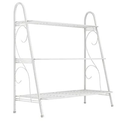 A white metal multi-tier shelving unit for plants or storage.