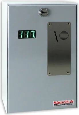 A close-up, front-facing studio shot of a coin-operated timer/cashier machine.